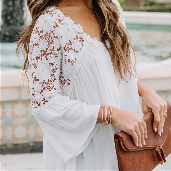 New Boho White Lace Festival Button Front Blouse - Picture 6 of 7